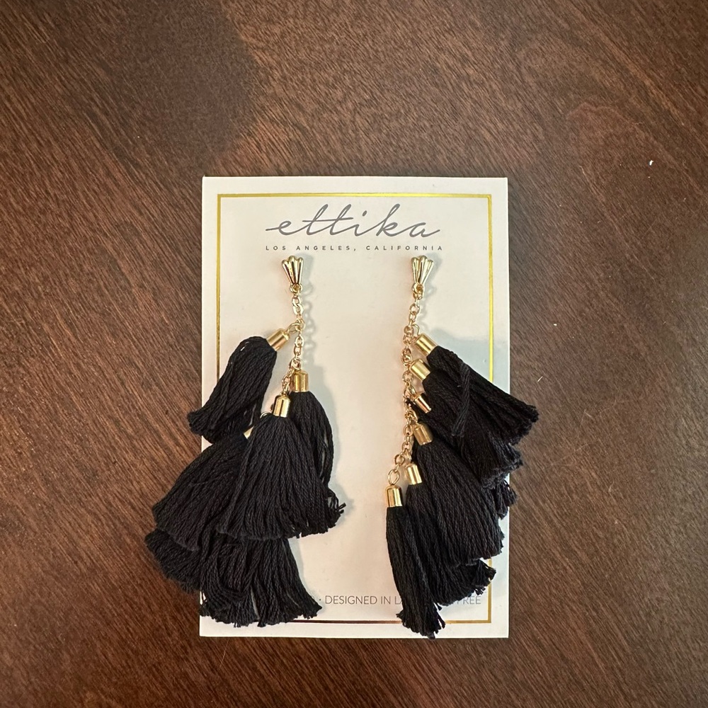 Ettika Elegant Black and Gold Tassel Earrings